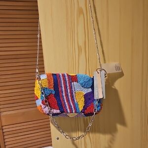 French Brand  Hand Made Multicolor Beaded Crossbody Bag with Silver Chain